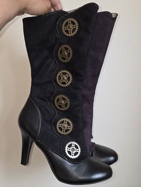 ☆Demonia Black Steampunk Gear Mid-Calf Heeled Boots☆
